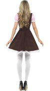 A woman with long, wavy blonde hair faces away, wearing the Tavern Girl Costume in brown (short), which features a white lace-hemmed skirt, pink and white blouse, white stockings, and black heels.